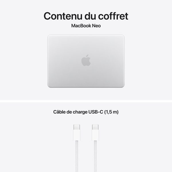 Apple MacBook Neo contenu du coffret MacBook Neo et câble de charge USB-C inclus dans le coffret