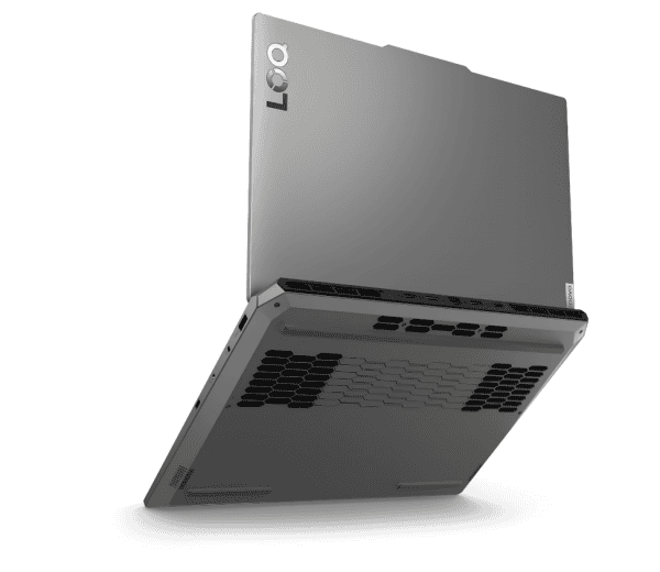 lenovo-loq-15-i7-13650hx-rtx-4050-vue-34-ouvert-droite-chassis lenovo loq 15 rtx 4050 vue arriere 3/4 ouvert droite chassis